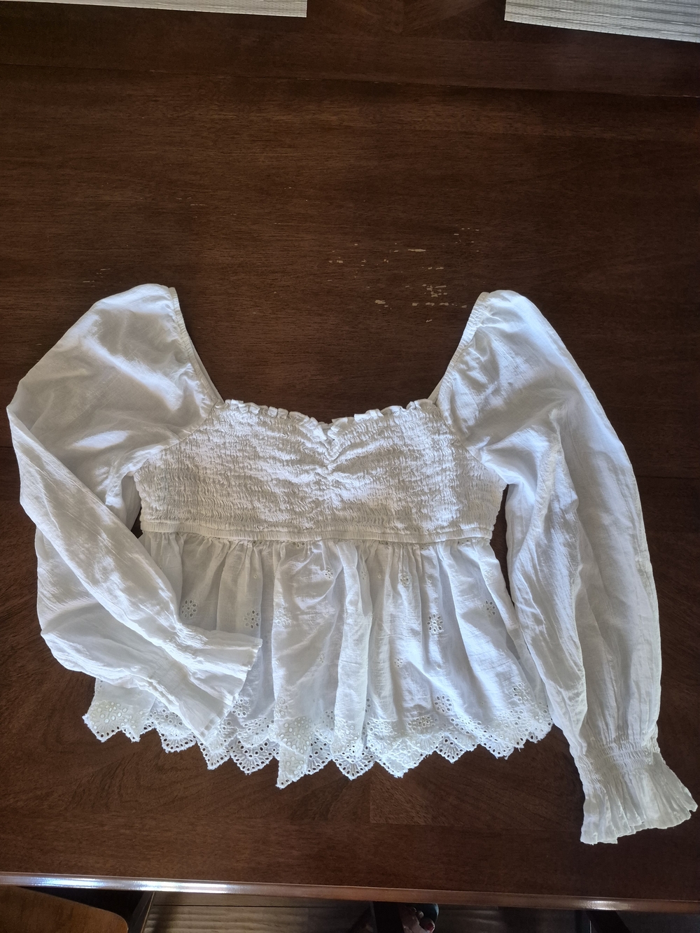American Eagle Outfitters White Smocked Peasant Blouse with Eyelet Trim